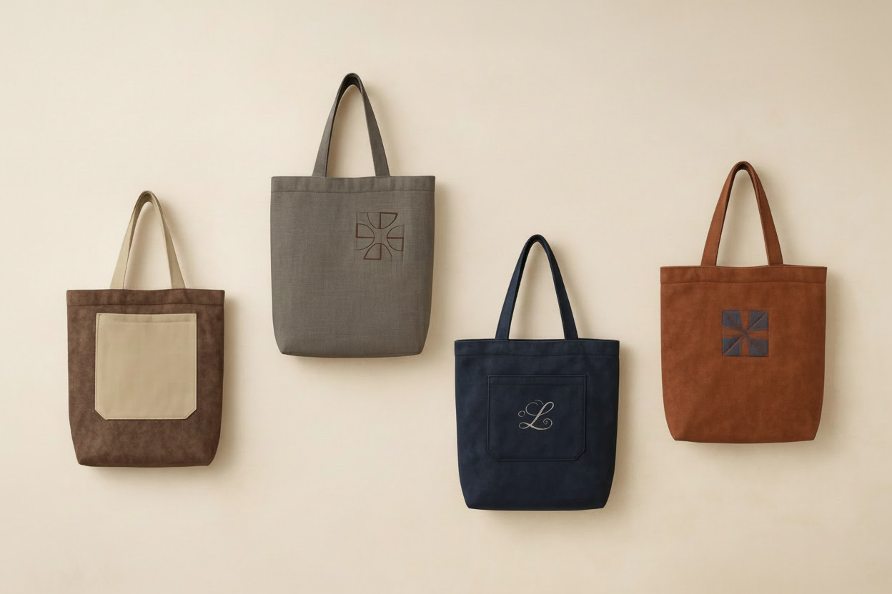 Rankų darbo siūti tekstilės gaminiai – apsipirkimo krepšiai, kosmetinės, telefono dėklai ir pagalvėlės, kruopščiai pagaminti socialinėse dirbtuvėse.