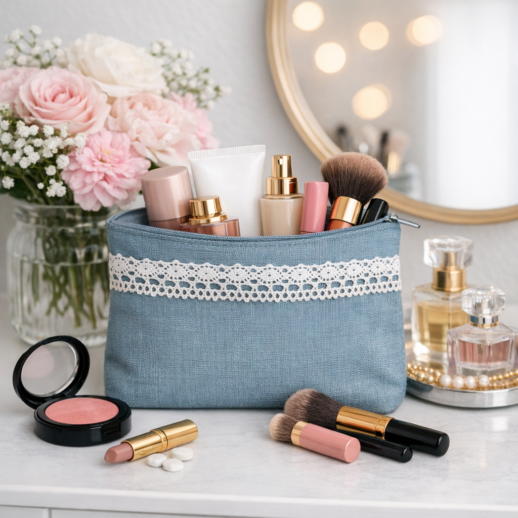 Rankų darbo gobeleninė kosmetinė su nėrinio juostele