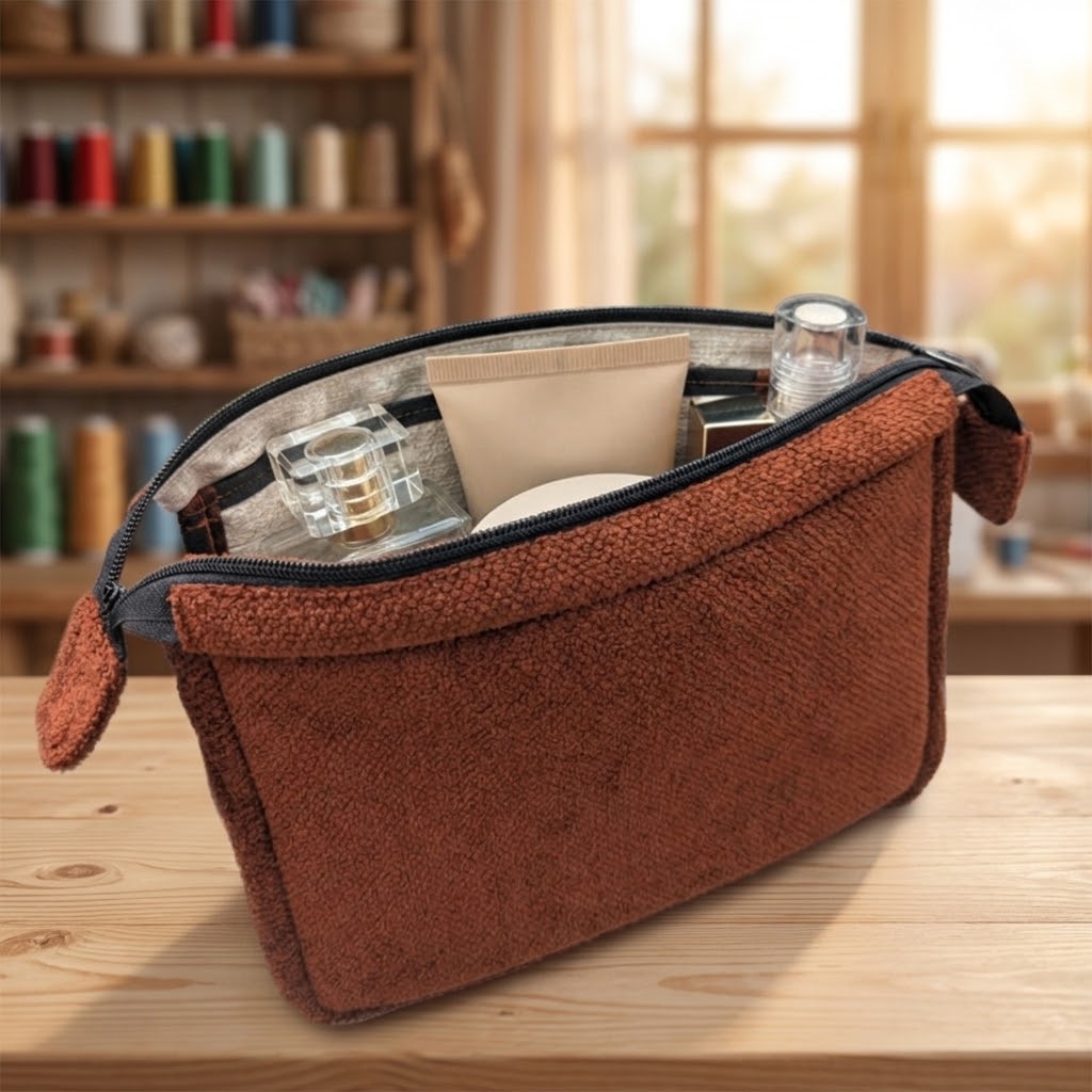 Handgefertigte Velours-Kosmetiktasche „Rostbraun“ (3 Größen)