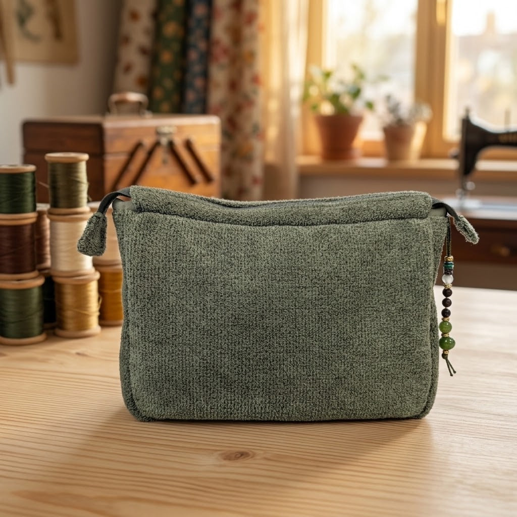 Handgefertigte Velours-Kosmetiktasche „Grün (Khaki)“ (3 Größen)